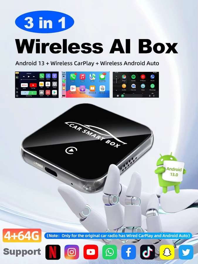 Grandnavi 3in1 CarPlay Ai Box mit Android 13, Wireless CarPlay und Android Auto, 4 Kerne, 4 GB RAM, 64 GB ROM, Schwarz - Bild 7