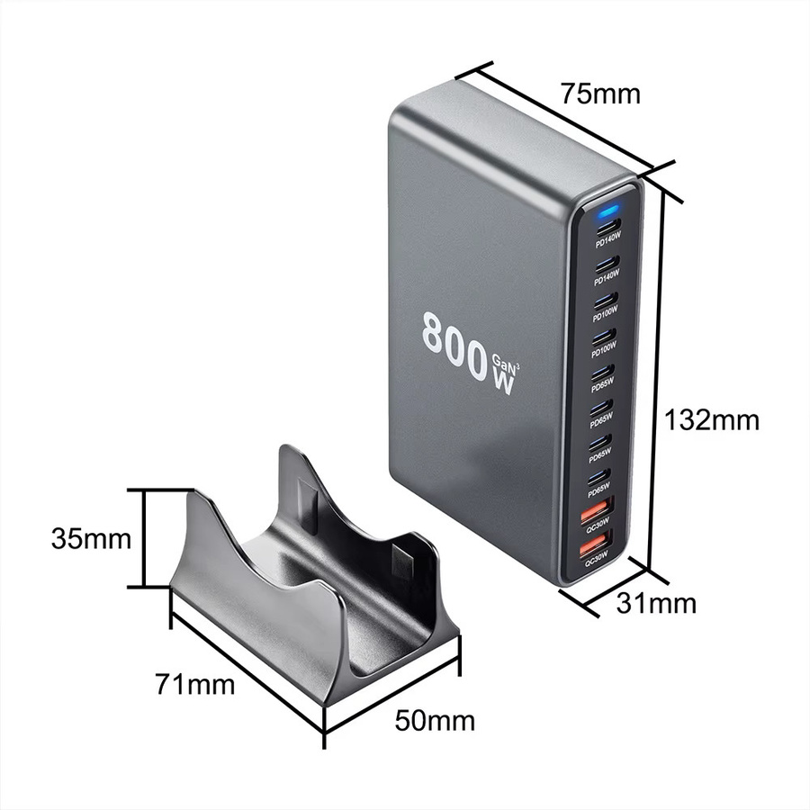 OIMG 800 W GaN Schnellladestation mit 10 Ports und Dual 140 W PD3.1 USB C Tischladegerät in Schwarz und Grau - Bild 6
