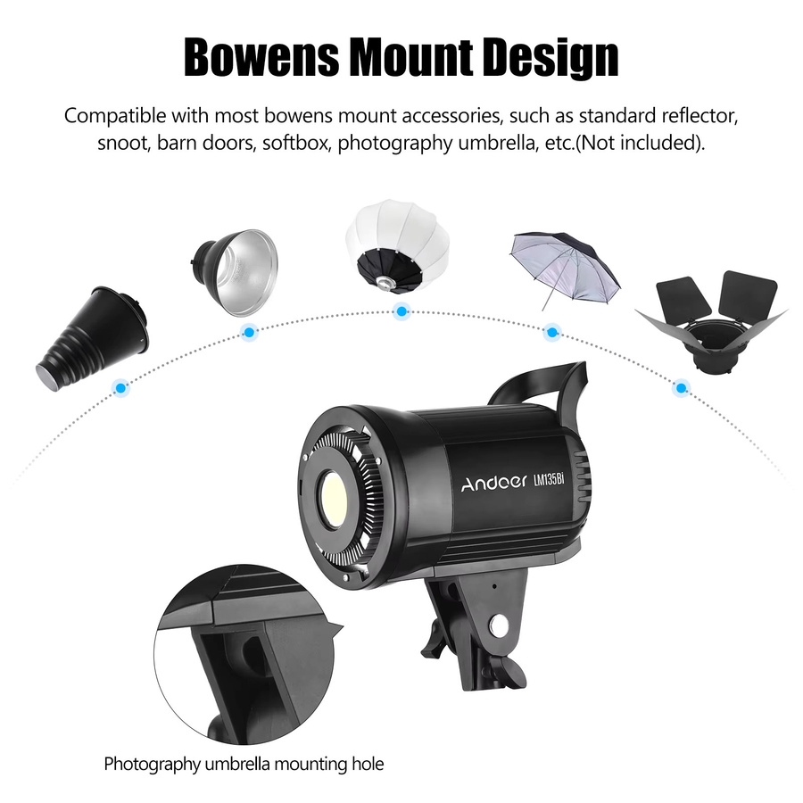 Andoer LM135Bi LED-Fotografie-Fülllicht in Schwarz, 135 W Studio-Videoleuchte mit Bowens-Montage, dimmbar, Farbtemperatur 2800 K–5600 K - Bild 3