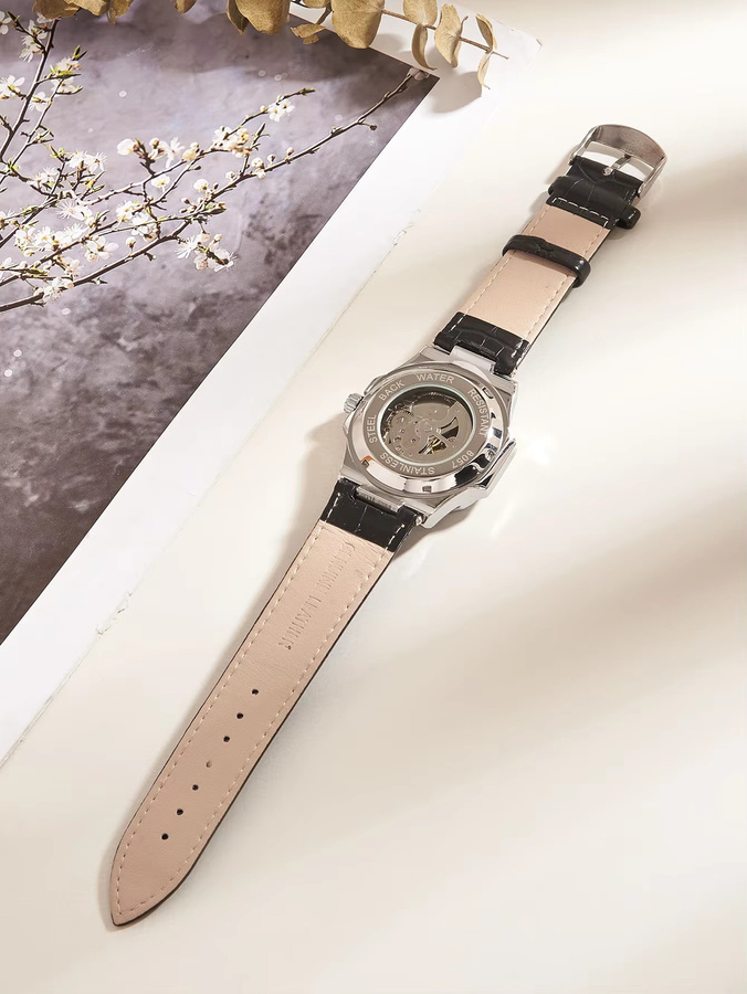 LONGLUX Automatik-Armbanduhr, Edelstahl, Leder, Schwarz, Herren - Bild 4
