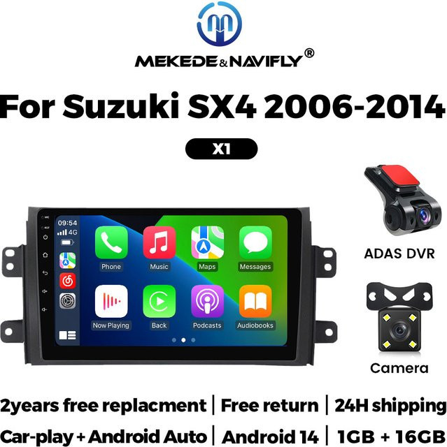 NaviTree Android 14 Auto Radio mit DVR Recorder, Rückfahrkamera und GPS Navigation, CarPlay Video Player für Suzuki SX4 2006-2014, Schwarz - Bild 1