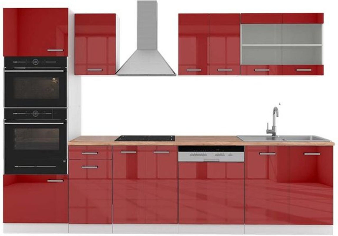 Vicco Küchenzeile R-Line in Bordeaux Hochglanz und Weiß mit Hochschrank und Eiche Natur, Breite: 300 cm - Bild 1