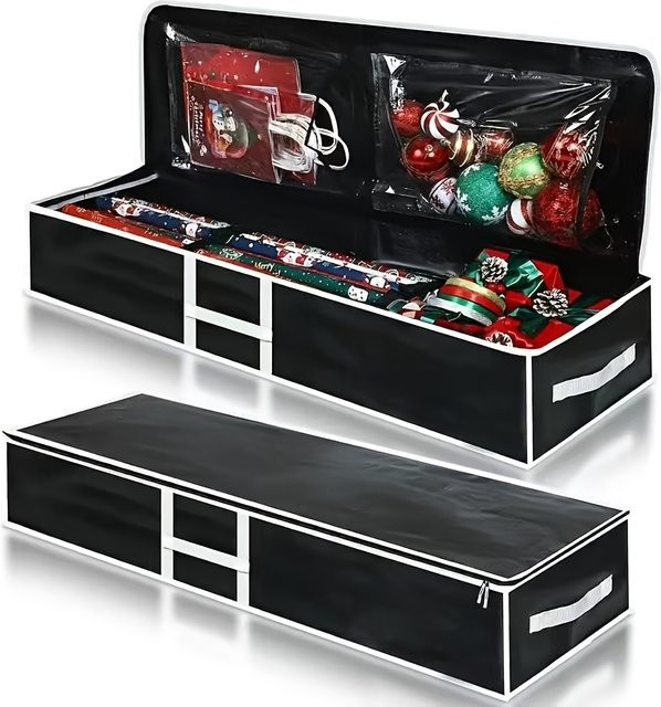 Robuste Weihnachtsgeschenk-Aufbewahrungstasche aus Kunststoff in Schwarz mit Band und Dekorationen - Bild 1