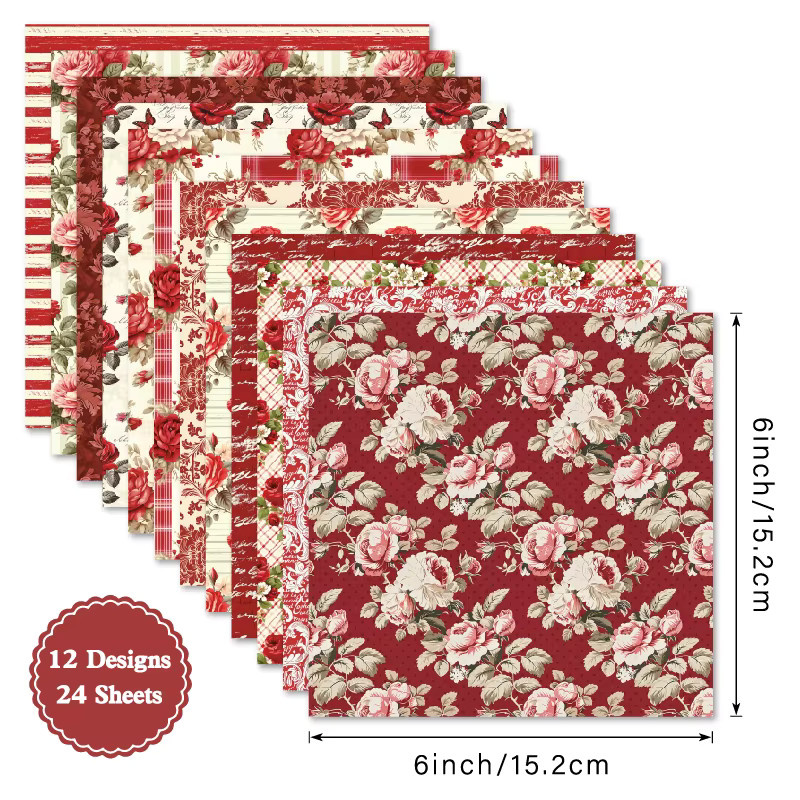 Designpapier Block mit purpurrotem Rosenmuster für Scrapbooking und Bastelarbeiten, 24 Blatt, B/H: 15,2 x 15,2 cm - Bild 2