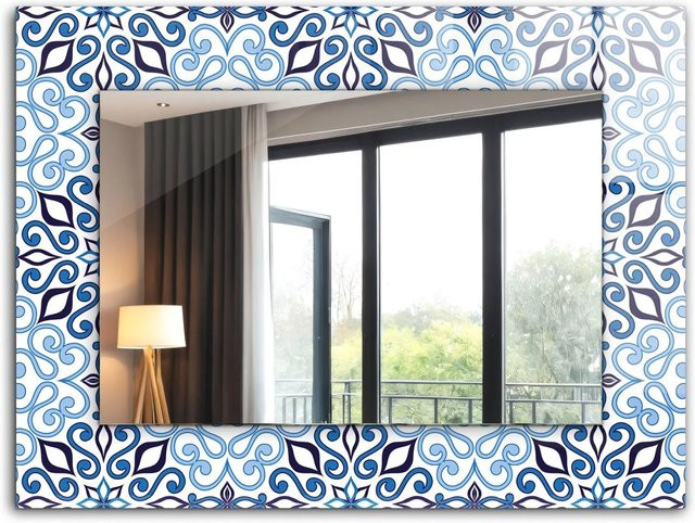 Tulup Spiegel mit blauem geometrischem Ziermuster, rechteckig, B: 80 cm, H: 60 cm - Bild 1