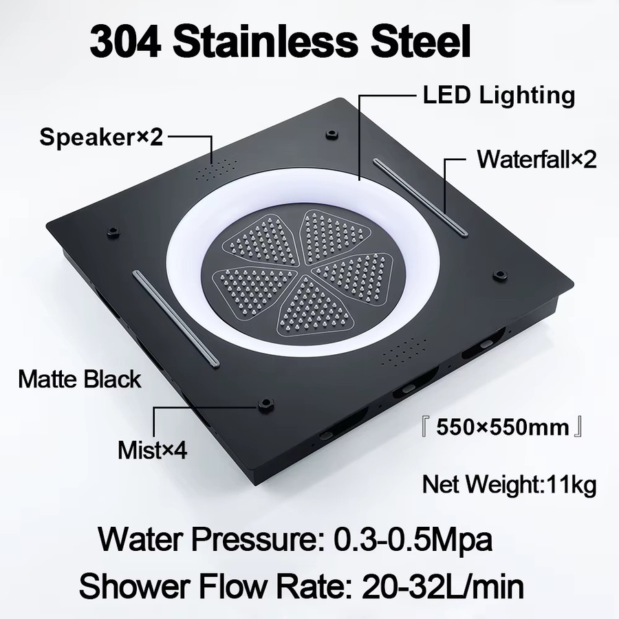 M Boenn LED-Duschsystem-Set mit Thermostatmischer, quadratischem Duschpaneel und 21,6-Zoll-Duschkopf in Schwarz - Bild 2