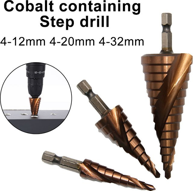 Mr Drill Pagodenlochöffner Stufenbohrer aus M35 Kobalt mit Sechskant-Schaft für Elektrowerkzeuge, 4-12 mm / 4-20 mm / 4-32 mm - Bild 1