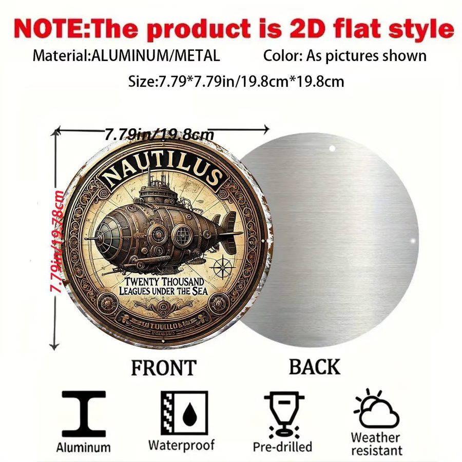 Potdemiel Vintage Nautilus U-Boot Wandkunst aus Metall mit antikem Kompass-Design, Mehrfarbig, B/B: 19,79 x 19,79 cm - Bild 2