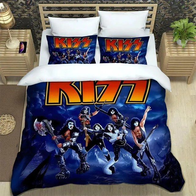 KISS Band Bettwäsche Set mit 3D-Druck in Blau, bestehend aus Bettbezug und Kissenbezügen aus Mikrofaser, B/B: 260 x 220 cm - Bild 1
