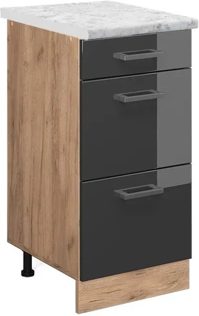 Vicco Küchenunterschrank R-Line Schubladenschrank in Anthrazit Hochglanz mit Eiche Korpus und Marmor Optik, Breite: 40 cm, Höhe: 81,6 cm, Tiefe: 46 cm - Bild 1