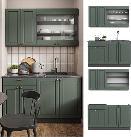 Vicco Küchenzeile Fame-Line Single Einbauküche im Landhausstil, Anthrazit Grün Gold, Breite: 140 cm