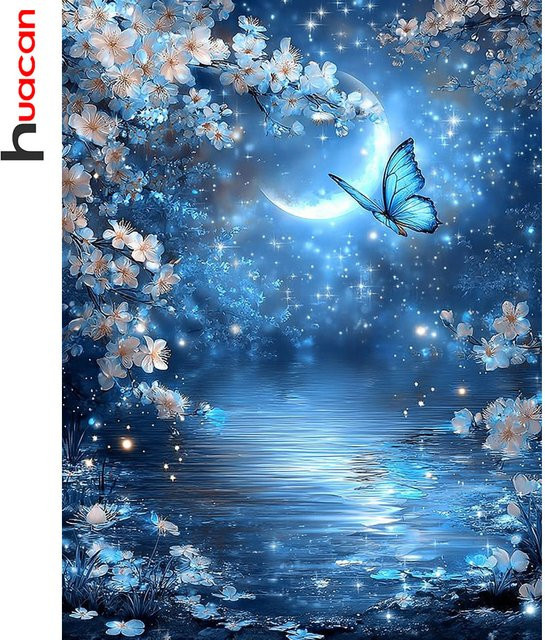 Huacan 5D DIY Diamantmalerei Mond Schmetterling und Blumen Landschaft in Blau, B/H: 20 x 30 cm - Bild 1