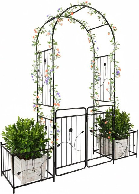 Relaxdays Rosenbogen aus Eisen in Schwarz mit Tor und Pflanzkästen, H: 220 cm, B: 202 cm, T: 50 cm - Bild 1