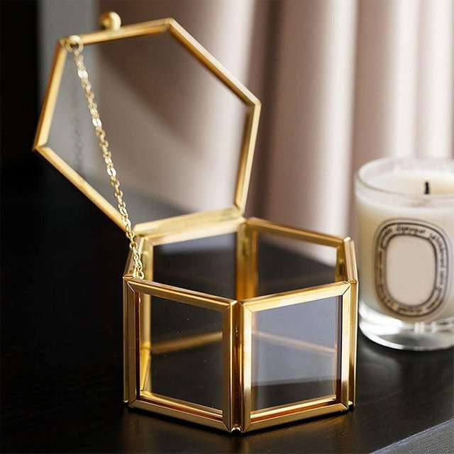 Velishy Schmuckaufbewahrungsbox Sechseckig aus Glas in Gold im Retro-Design - Bild 1