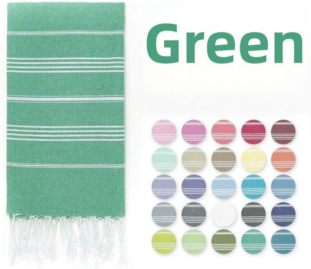 Gestreiftes Strandtuch von Yiran bag in Grün mit Quasten aus Baumwolle und Polyester, B/B: 100 x 180 cm - Bild 1