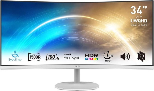 MSI Pro MP341CQWDE Curved Office Monitor, 34 Zoll, UWQHD, VA-Panel, 100 Hz, Weiß, HDMI und DisplayPort - Bild 1