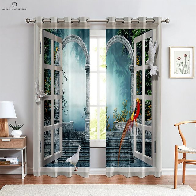 Yiran Furniture Fenstergardinen mit 3D-Druck-Effekt in Blau, 2er-Set aus Polyester, B: 50 cm, H: 130 cm - Bild 1