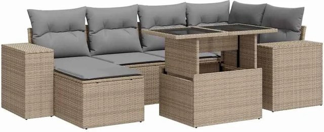 vidaXL 7-teilige Garten-Sofagarnitur in L-Form aus Poly-Rattan in Beige mit wetterfesten Kissen und Stahlgestell - Bild 1