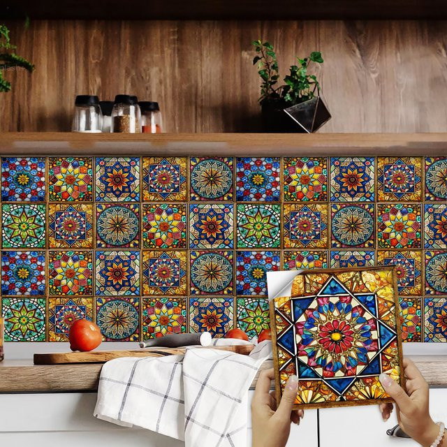 10 Stück YanTin Retro-Mosaik Fliesenaufkleber in Multicolour, Ölbeständige geometrische Wandaufkleber für Küchenrückwand und Schrank - Bild 1