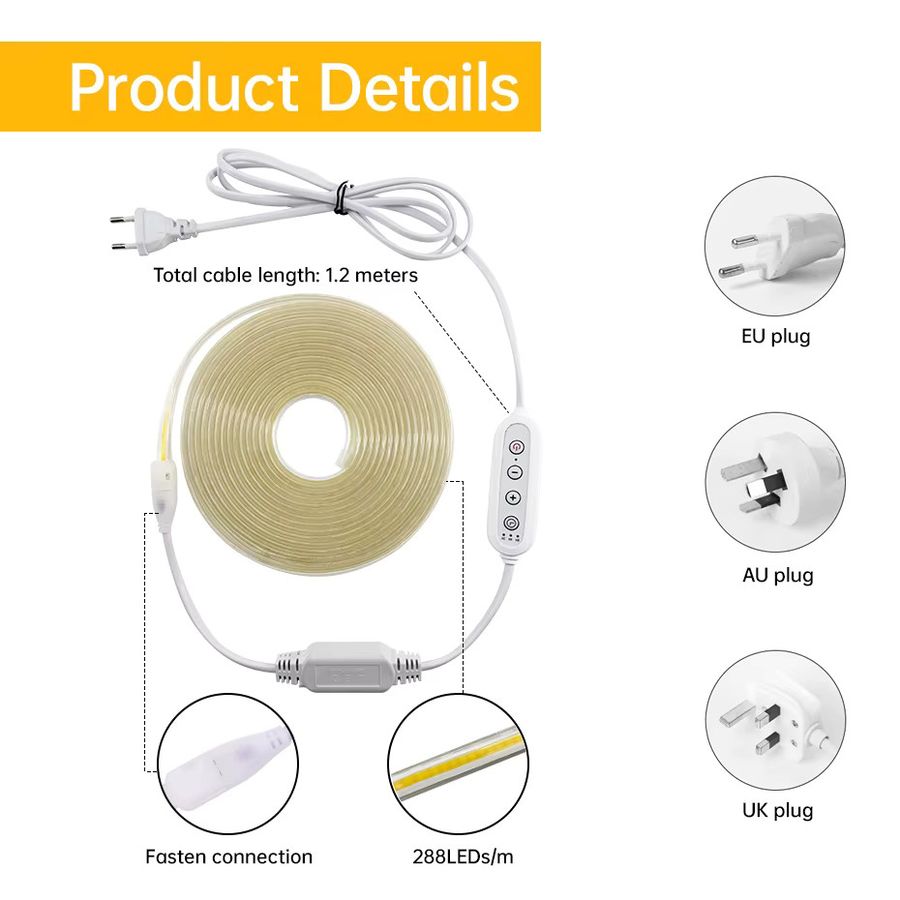 Asign COB-LED-Streifenlicht mit 288 LEDs/m, IP65 wasserdicht, 220 V, Cold White, flexibles Klebeband mit Timing-Dimmer und Stecker für dein Zimmer - Bild 2