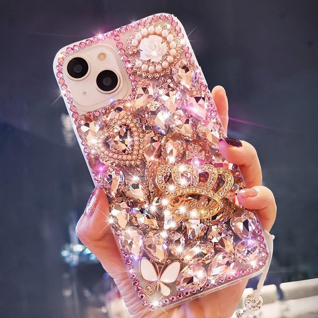 Glitzer Strass Handyhülle für Apple iPhone mit Kristall Krone Schmetterling und Perlen Design in Gold, Weiß oder Pink - Bild 1