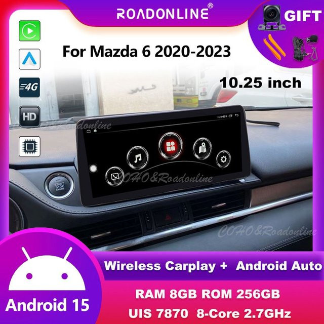 Roadonline Android 15 Multimedia-Autoradio für Mazda 6 2020-2023 mit 10,25 Zoll Display, Octa Core, 8+256G Speicher und GPS, Schwarz - Bild 1