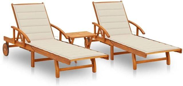 vidaXL Sonnenliegen Set aus Akazien-Massivholz mit Tisch und cremeweißen Auflagen - Bild 1
