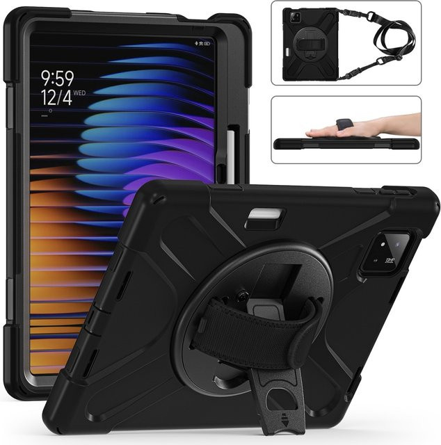 Outdoor Hybrid Tablet Hülle für Xiaomi Pad 8, Pad 8 Pro, Pad 7 und Pad 7 Pro mit Schultergurt in Schwarz - Bild 1