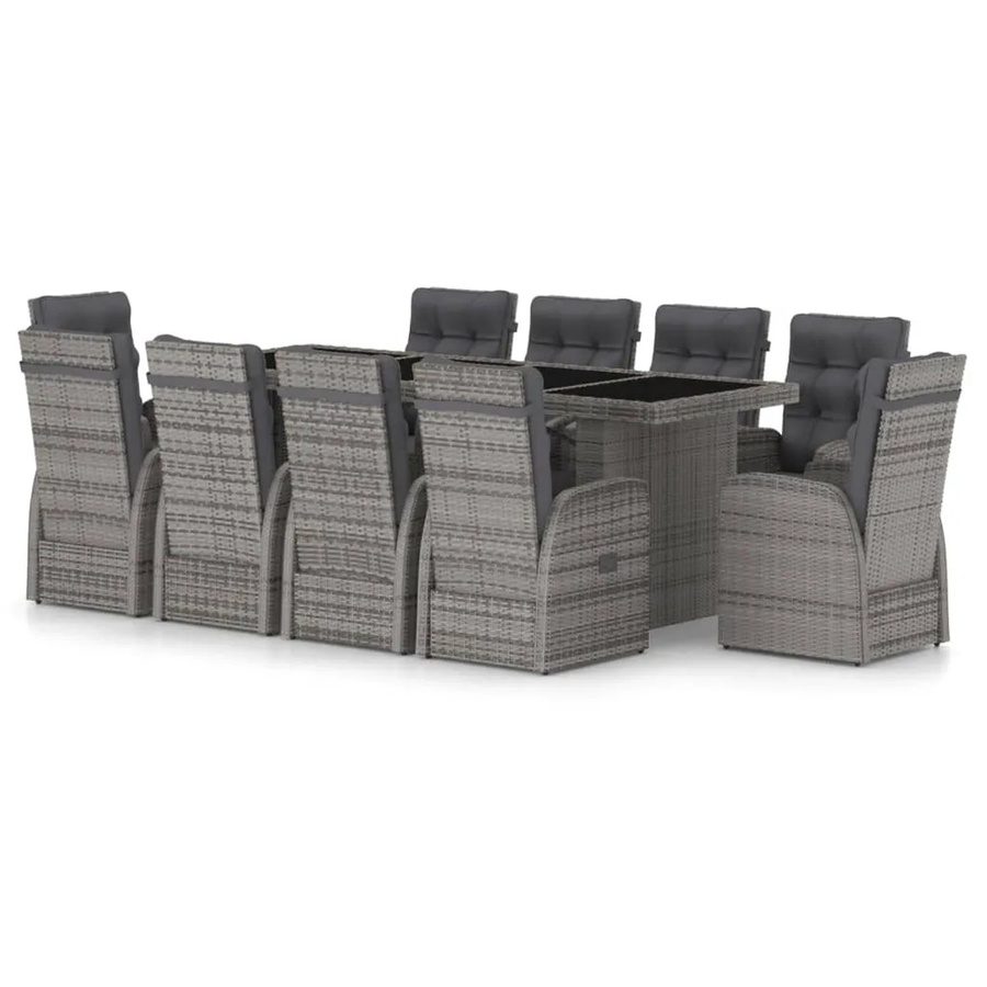 vidaXL 11-tlg Garten-Essgruppe aus Poly Rattan mit Glasplatte und Auflagen in Grau - Bild 2