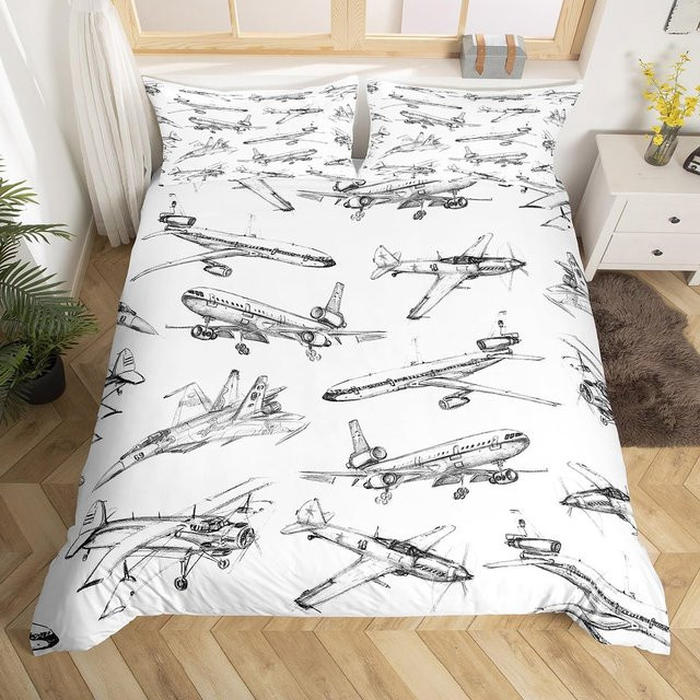 Bettwäscheset mit Flugzeug-Motiv von Your Warm Home in Blau, Rot und Weiß, bestehend aus Bettbezug und Kissenbezügen, B/H: 150 x 200 cm, Kissen: 50 x 70 cm - Bild 1