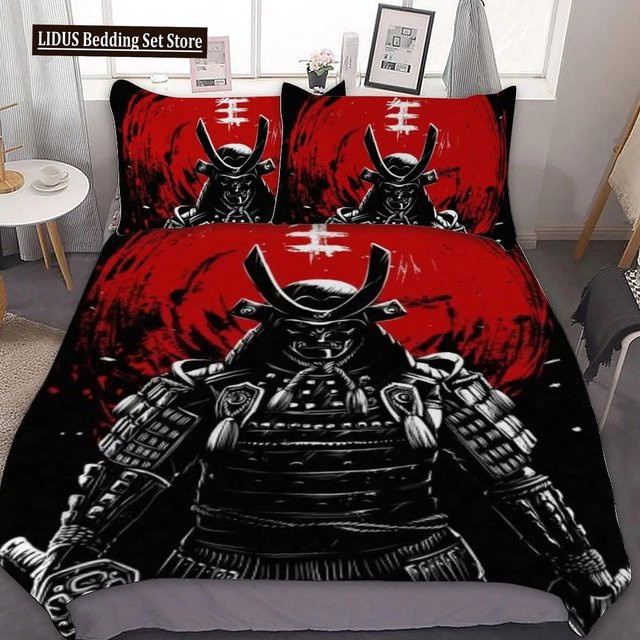 JMG Household Supplies Bettwäsche-Set mit Samurai-Schwert und roter Sakura im japanischen Tuschestil, Farben: Schwarz, Weiß, Rot, B/H: 245 x 210 cm - Bild 1