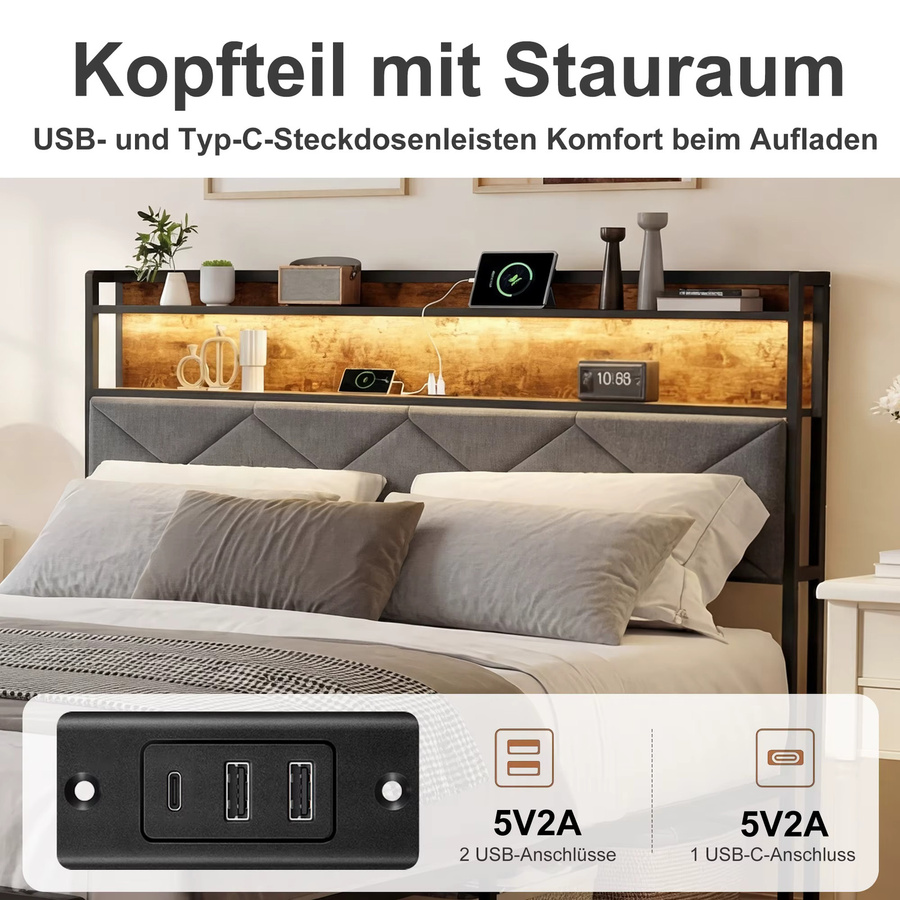 Rosahqnda Kinderbett aus Metall mit LED-Beleuchtung und Stauraum im Kopfteil, Farbe: Schwarz, B/H: 90 x 200 cm - Bild 2