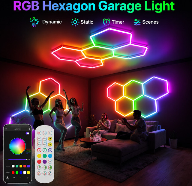 PIBAOGU Dimmbare Sechseckige LED-Deckenleuchte RGB Farbwechsel Modern Wabenförmige Beleuchtung für Wohnzimmer, Garage, Fitnessstudio oder Gaming-Bereich - Bild 1