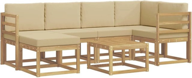vidaXL Outdoor-Sofagarnitur 7-teilig aus Akazien-Massivholz in Weiß und Beige mit Polstern und Couchtisch - Bild 1