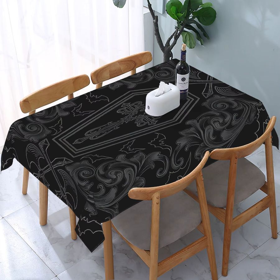 VIKAMA Gothic-Tischdecke aus schwarzem Damast mit Vintage-Blumenmuster, wasserabweisend - Bild 3