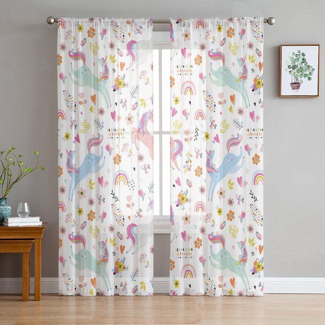 A Family Of Home Textiles Moderne Tüllvorhänge mit Cartoon Rosa Pferd und Regenbogen Schmetterling, halbtransparent, Mehrfarbig, B: 135 cm, H: 114 cm, 2 Stück - Bild 1