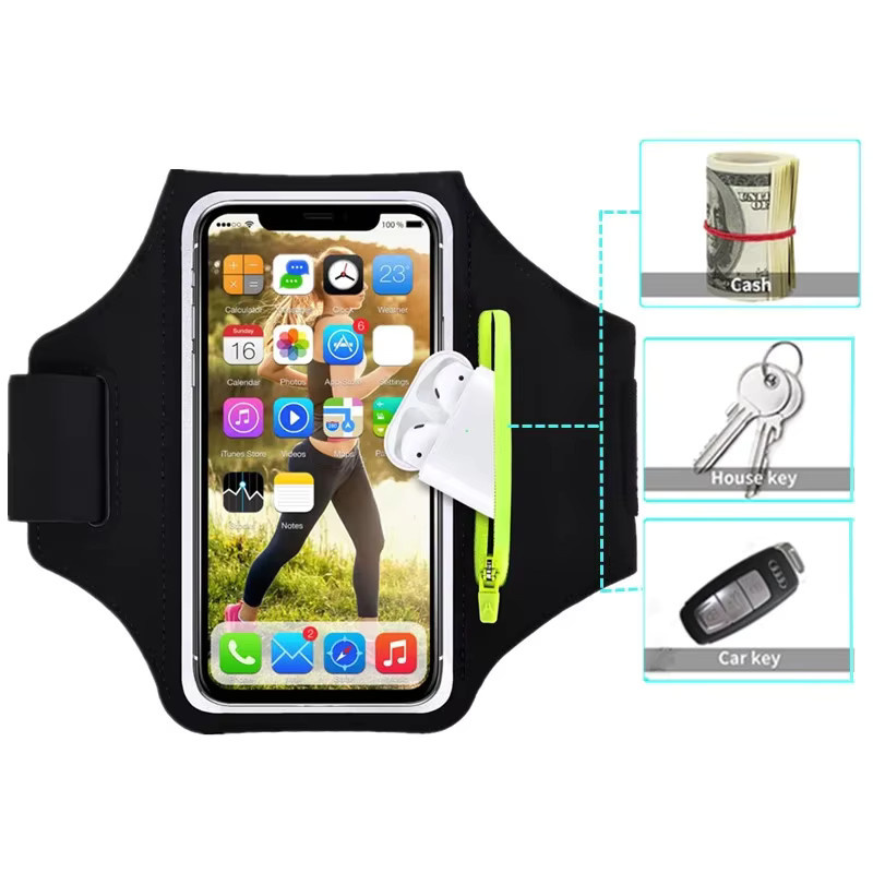 VIKEFON Fitness-Armtasche in Schwarz mit Reißverschluss zur Aufbewahrung von Handy, Kopfhörern und AirPods für iPhone und Samsung - Bild 2