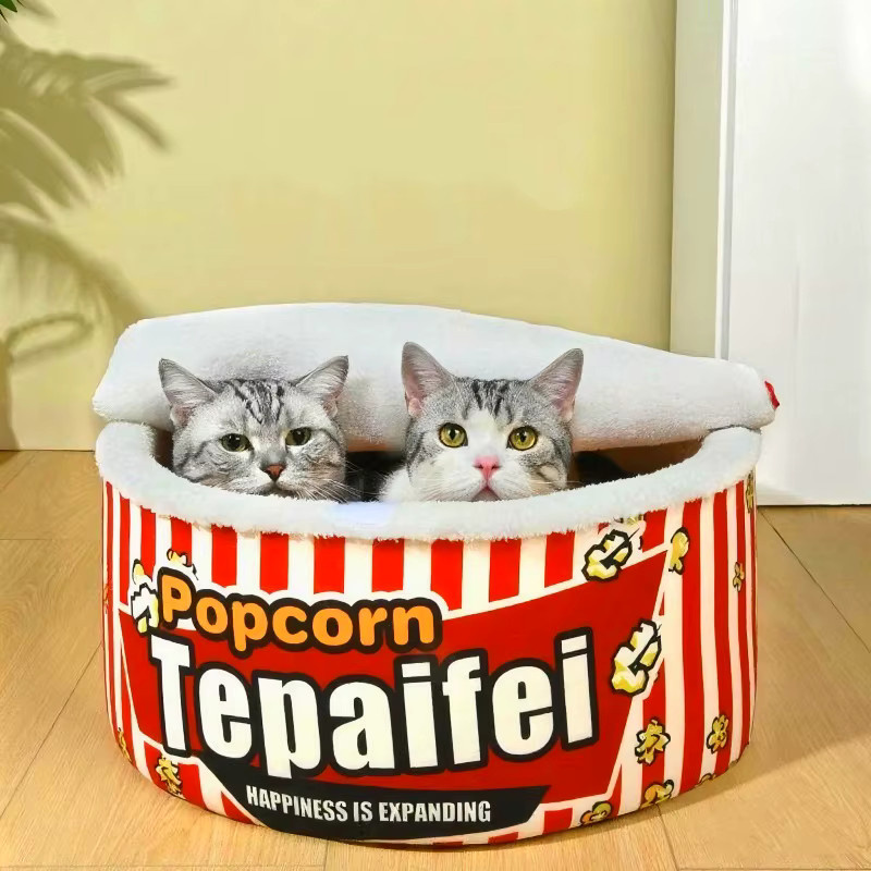 Booteely Katzennest Warmes Schlafnest für Katzen in Weiß gestreift - Bild 2
