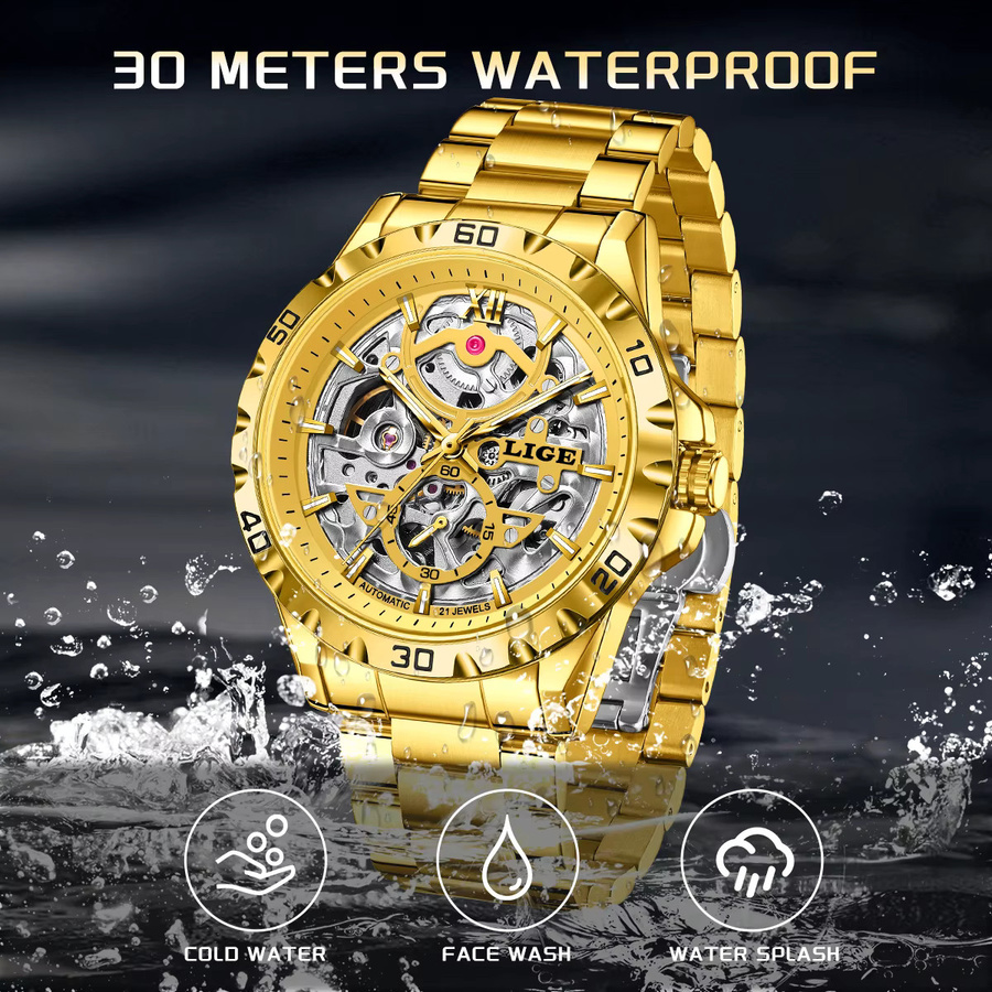 LIGE Armbanduhr Automatik, Edelstahl, Gold, Herren - Bild 4