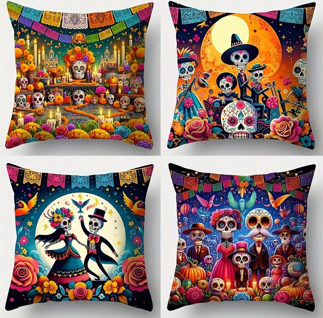 Mexikanische Kissenbezüge mit Totenkopf-Muster im Day of the Dead Design, quadratisch, Polyester, Mehrfarbig, Breite: 45,0 cm - Bild 1