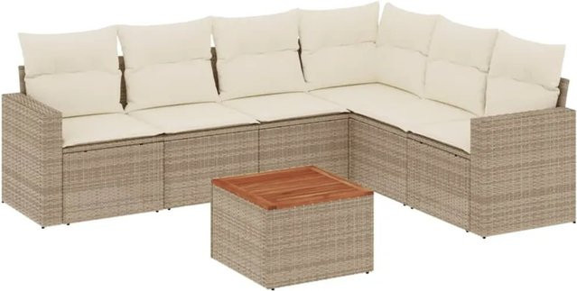 vidaXL 7-teilige Garten-Sofagarnitur in L-Form aus Poly-Rattan in Beige mit Kissen und pulverbeschichtetem Stahlgestell - Bild 1
