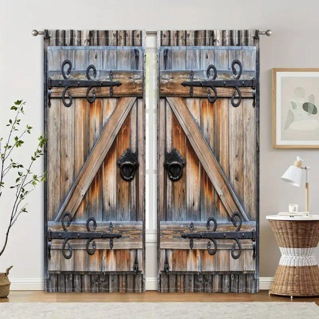 2 Stück halbtransparente Vorhänge mit Holzoptik-Print für Fenster und Türen, Mehrfarbig, B: 50 cm, H: 160 cm - Bild 1