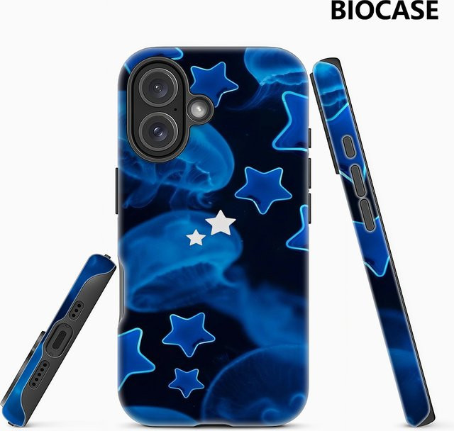 Potdemiel Handyhülle Blue Jellyfish & Stars für iPhone 17 16 15 14 13 12 11 Pro Max Plus mit doppelschichtiger Rückseite in Blau - Bild 1