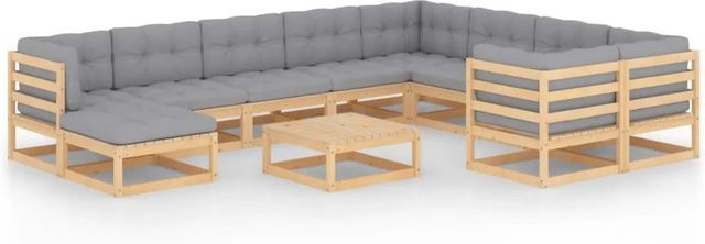 vidaXL 11-tlg. Garten-Lounge-Set in U-Form aus massivem Kiefernholz mit grauen Polsterkissen - Bild 1