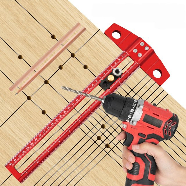 FNICEL 2-in-1 Bohr- und Markierungsvorrichtung aus Aluminiumlegierung, rotes T-Quadrat für Holzbearbeitung mit 300 mm Länge, inklusive Bohrer in 6 mm, 8 mm und 10 mm sowie 2 Bleistiften und Anleitung - Bild 1