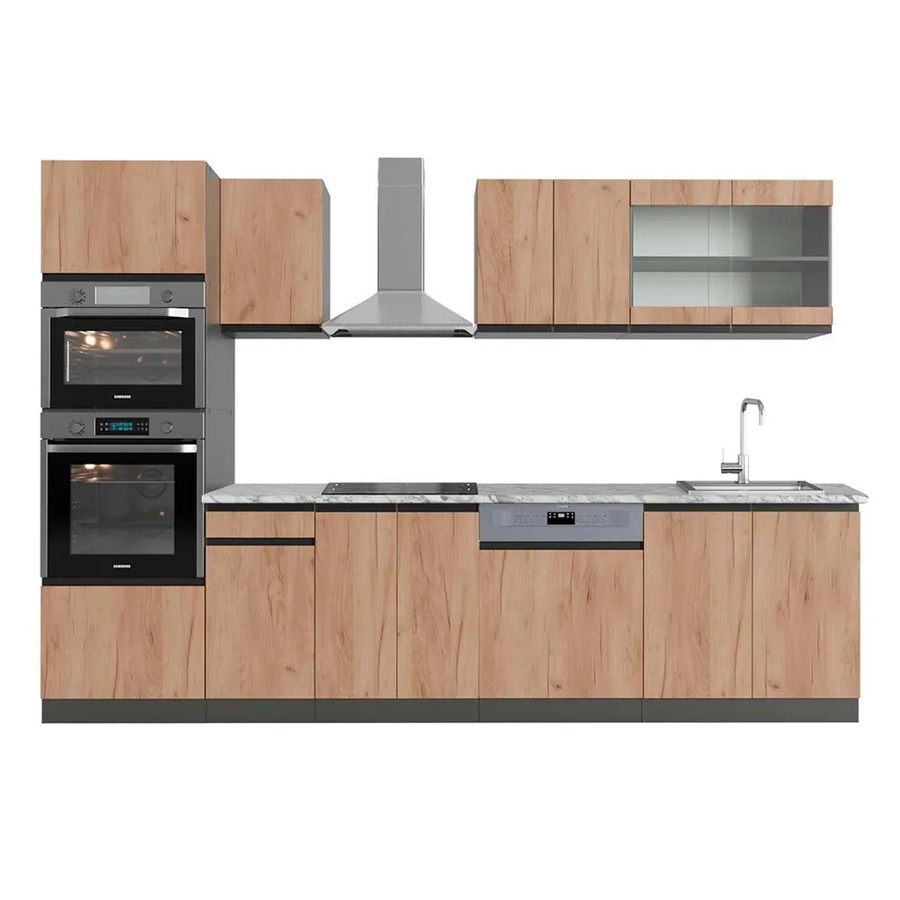 Vicco R-Line Küchenzeile Goldkraft Eiche Anthrazit mit Hochschrank und Marmor Arbeitsplatte Breite: 300 cm - Bild 2