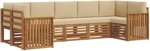 vidaXL Sofagarnitur 7-teilig aus Massivholz Akazie in Natur und Beige mit L-Form und Polsterkissen - Bild 1