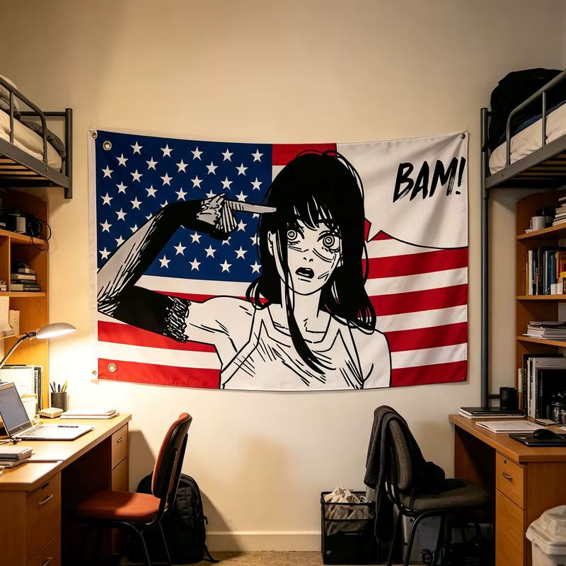 VIKAMA Anime Girl Against the Knife BAM Wandteppich mit amerikanischer Flagge, Mehrfarbige Textil-Wandkunst für dein Schlafzimmer oder Gaming-Zimmer - Bild 3