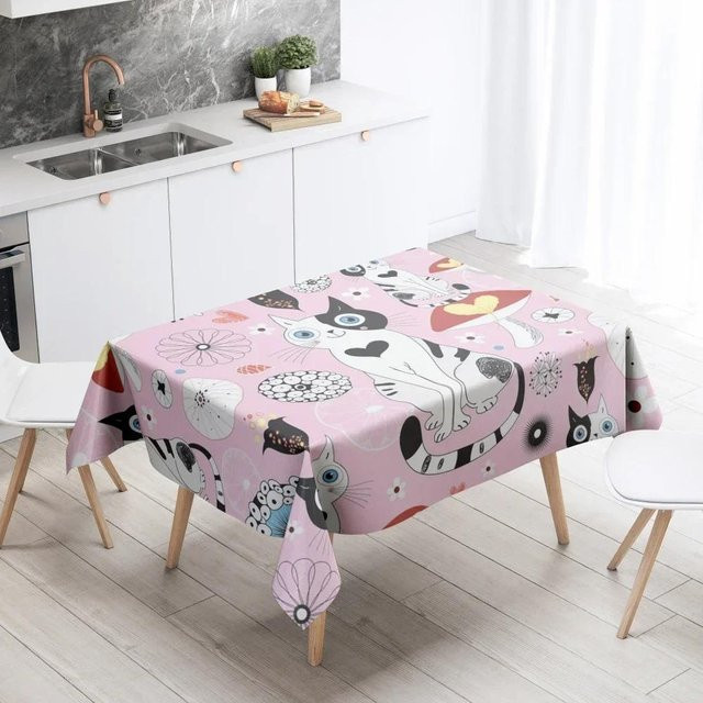 JINGYUE Pet Tischdecke mit Cartoon-Katzen-Motiv, rechteckig, pink, wasserabweisend und waschbar, B/T: 145 x 180 cm - Bild 1