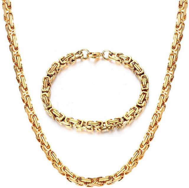 Punk Byzantinische Gliederkette Halskette Armband Set, Edelstahl, Gold, Unisex - Bild 1